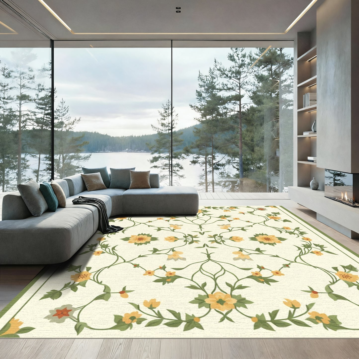 Cream Yellow Floral Vine Medallion Rug