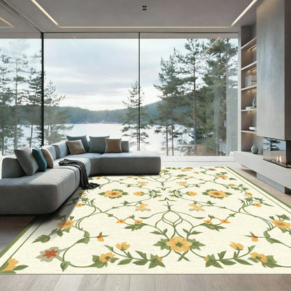 Cream Yellow Floral Vine Medallion Rug