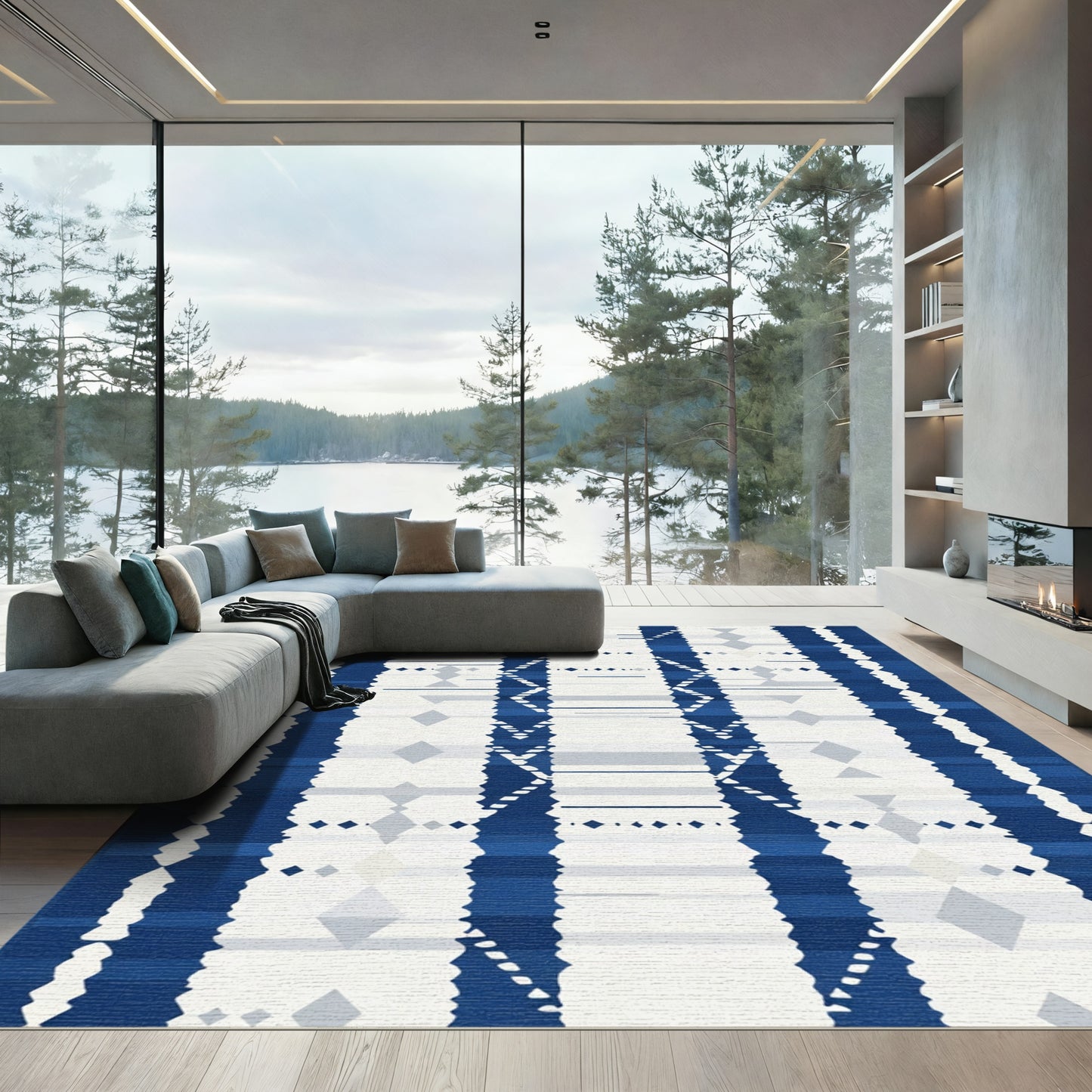Symmetrical Blue Diamond Geometric Stripe Rug