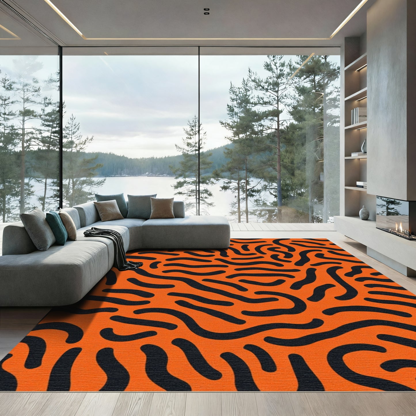Bold Orange Black Wavy Lines Rug