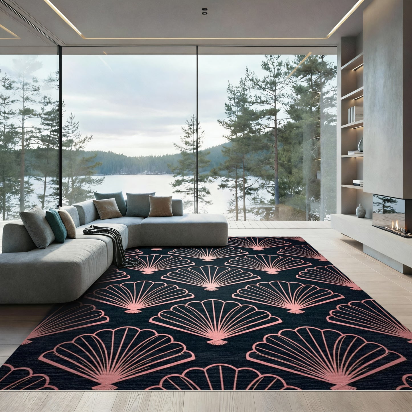 Rose Gold Art Deco Fan Geometric Rug