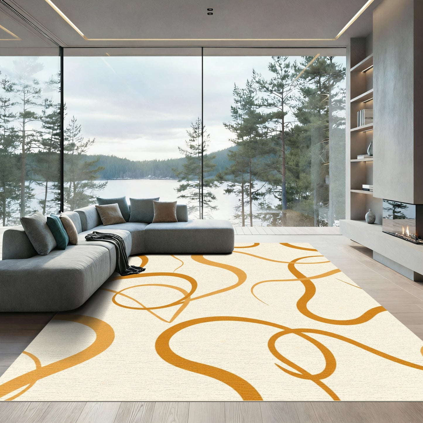 Golden Swirl Ribbon Overlay Rug
