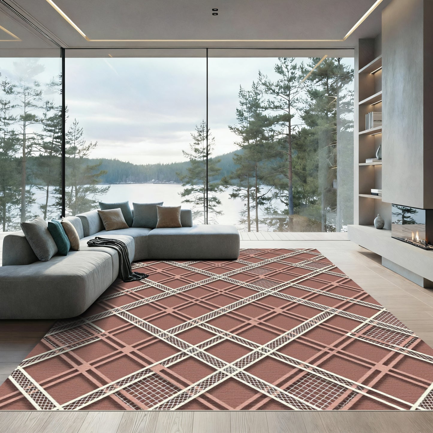 Sophisticated Taupe Geometric Lattice Weave Rug