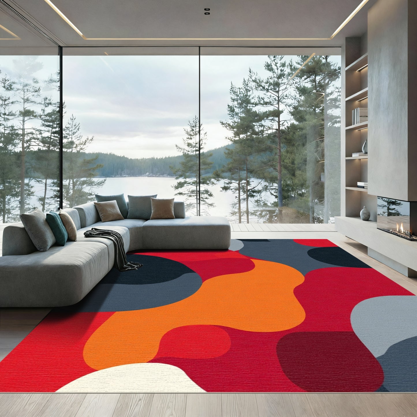 Bold Red Organic Blob Form Rug