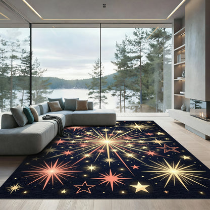 Radiant Golden Celestial Fireworks Burst Rug