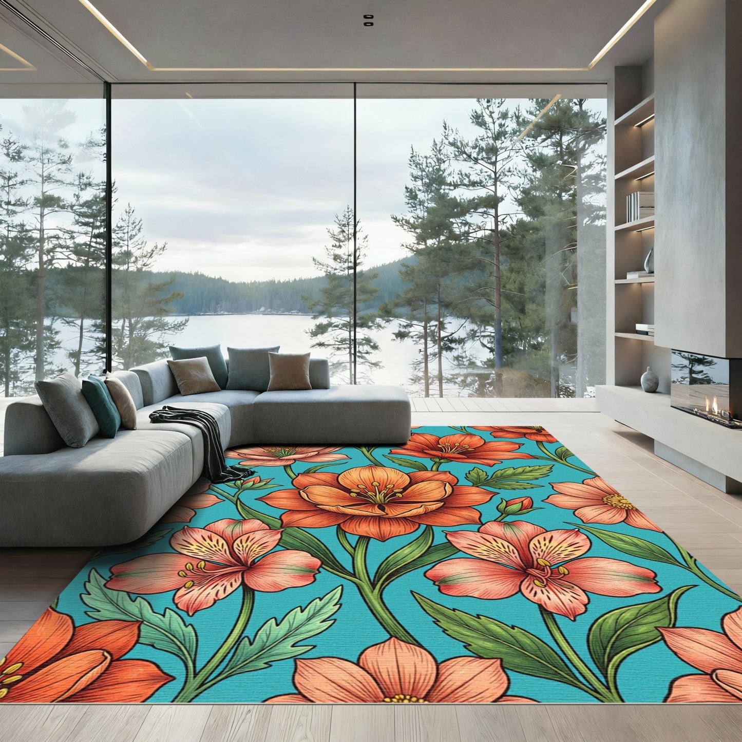 Vibrant Coral Floral Garden Rug