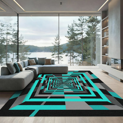 Cyan Geometric Tunnel Abstract Optical Rug