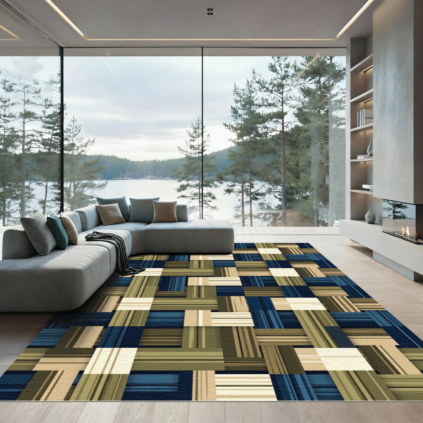 Modern Navy and Olive Woven Texture Rug