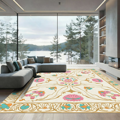 Golden Floral Meadow Aqua Pink Rug