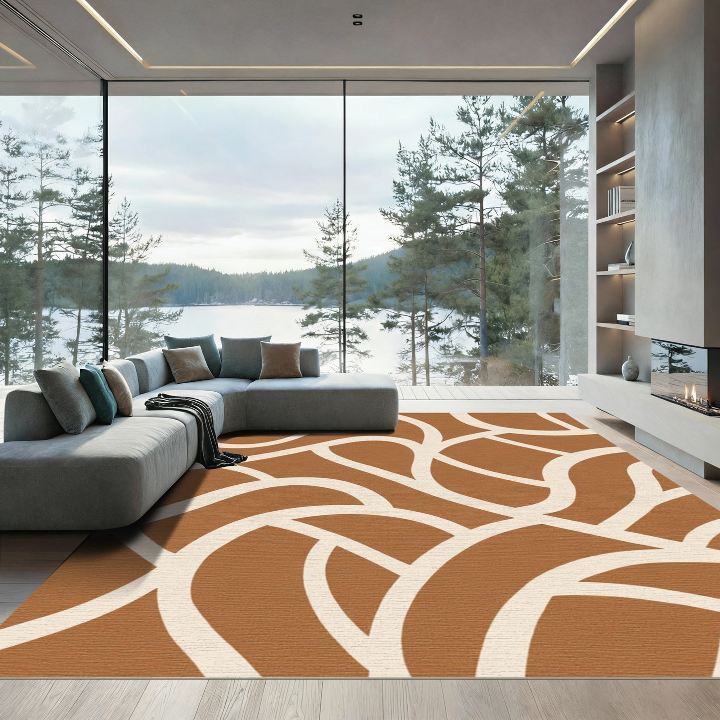 Terracotta Cream Abstract Organic Flow Rug
