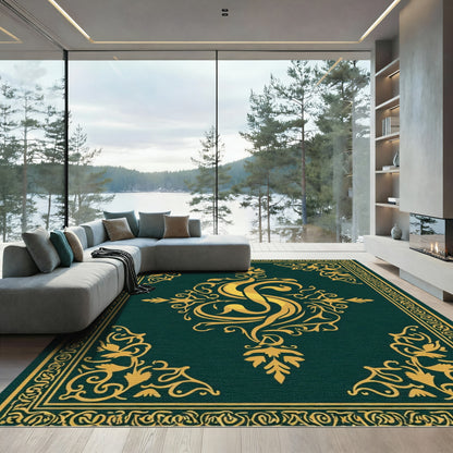 Deep Emerald Gold Flourish Emblem Rug