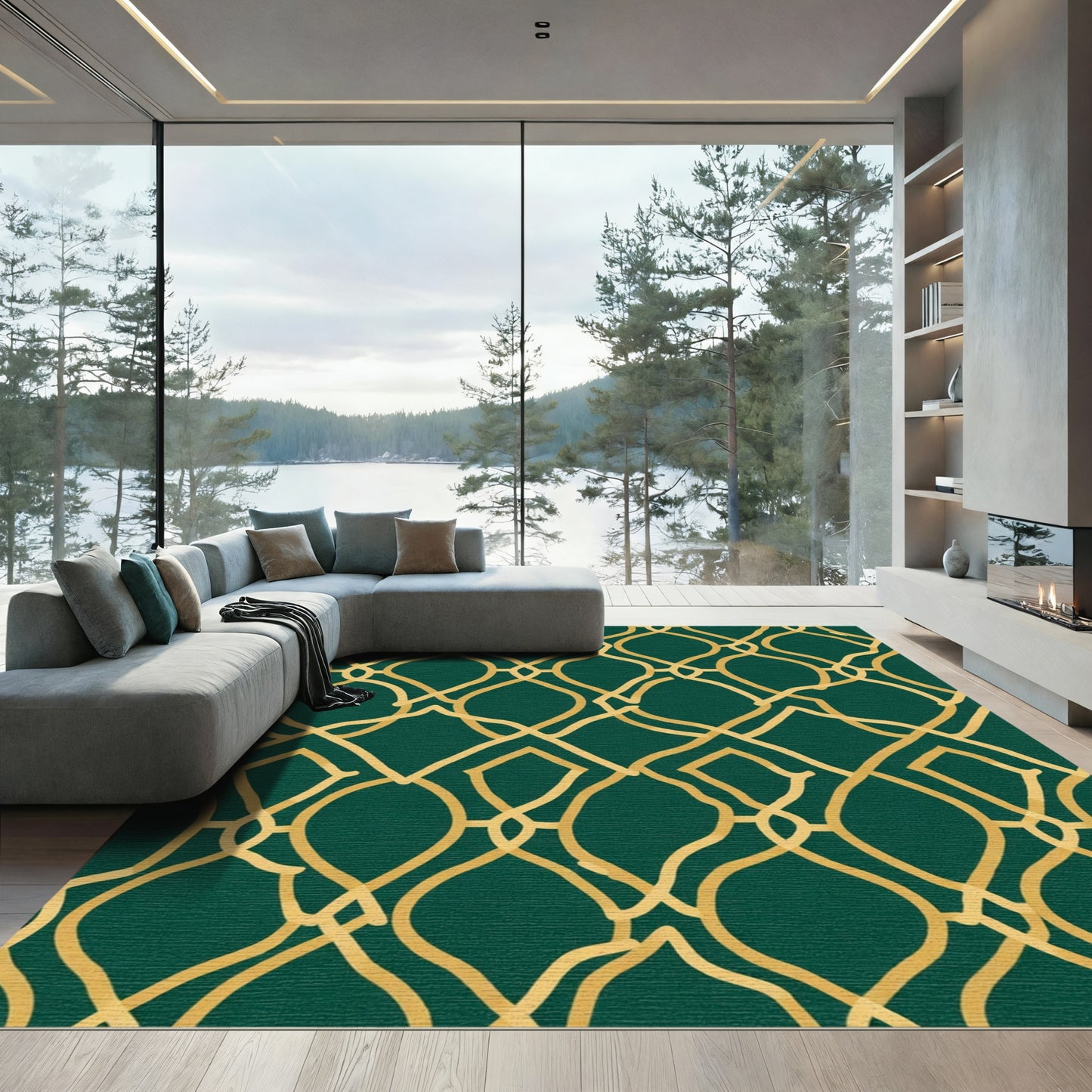 Emerald Green Gold Lattice Rug