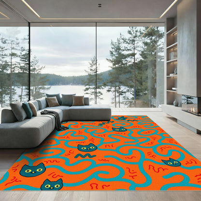 Whimsical Teal Cat Maze Rug