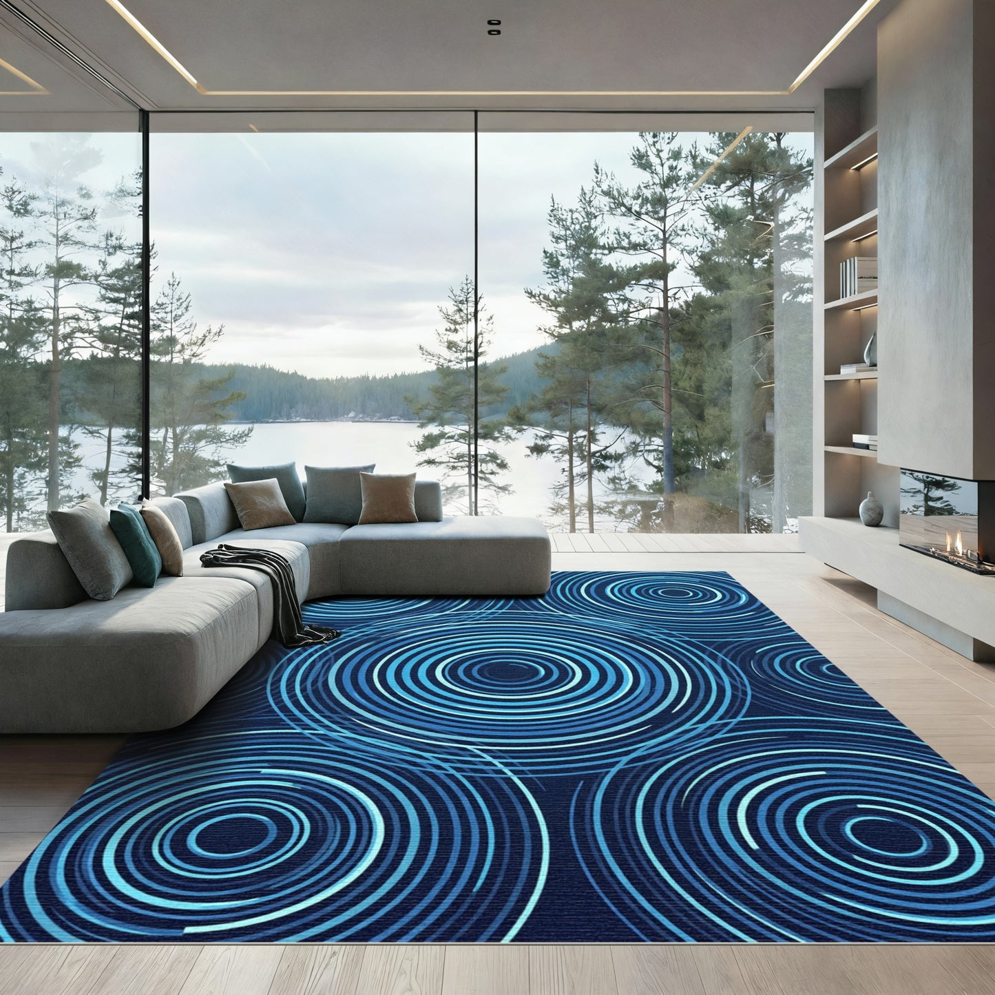Concentric Blue Ripple Circles Rug