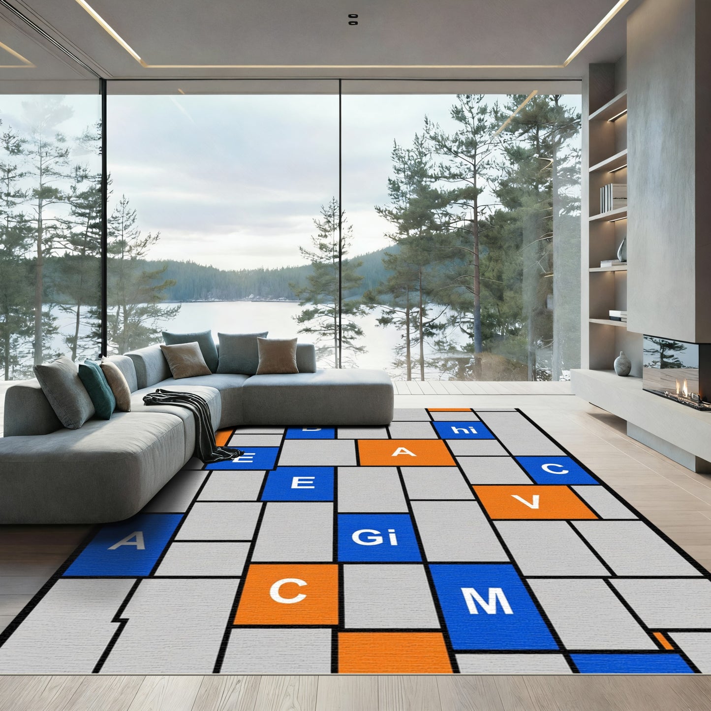 Orange Blue Gray Rectangular Graphic Rug