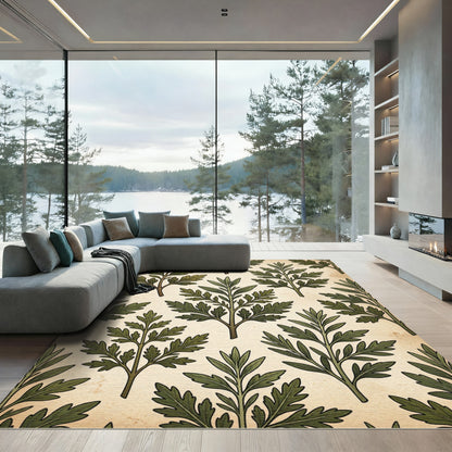 Earthy Green Fern Leaf Arrangement Rug