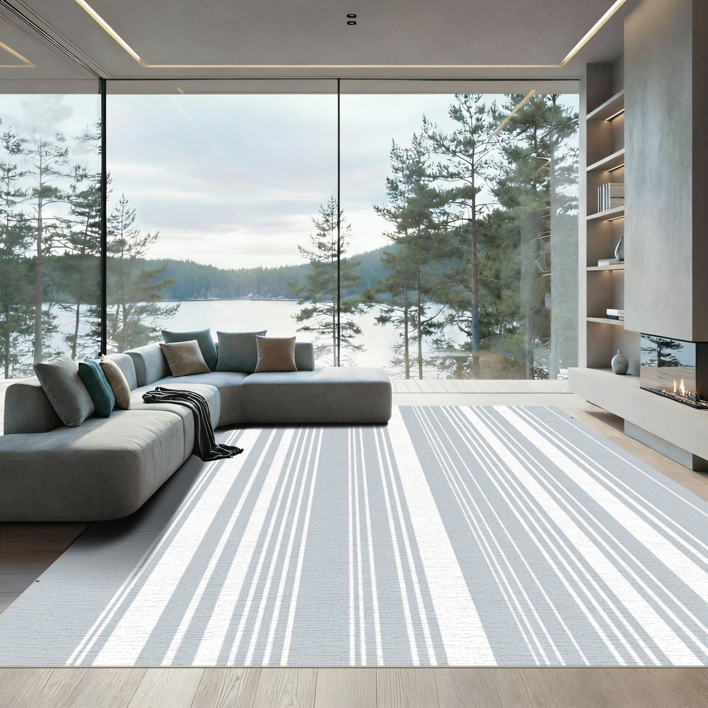 Modern Gray White Stripe Rug