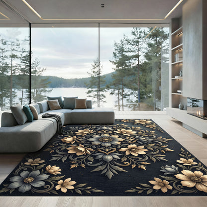 Refined Charcoal Gold Floral Medallion Rug