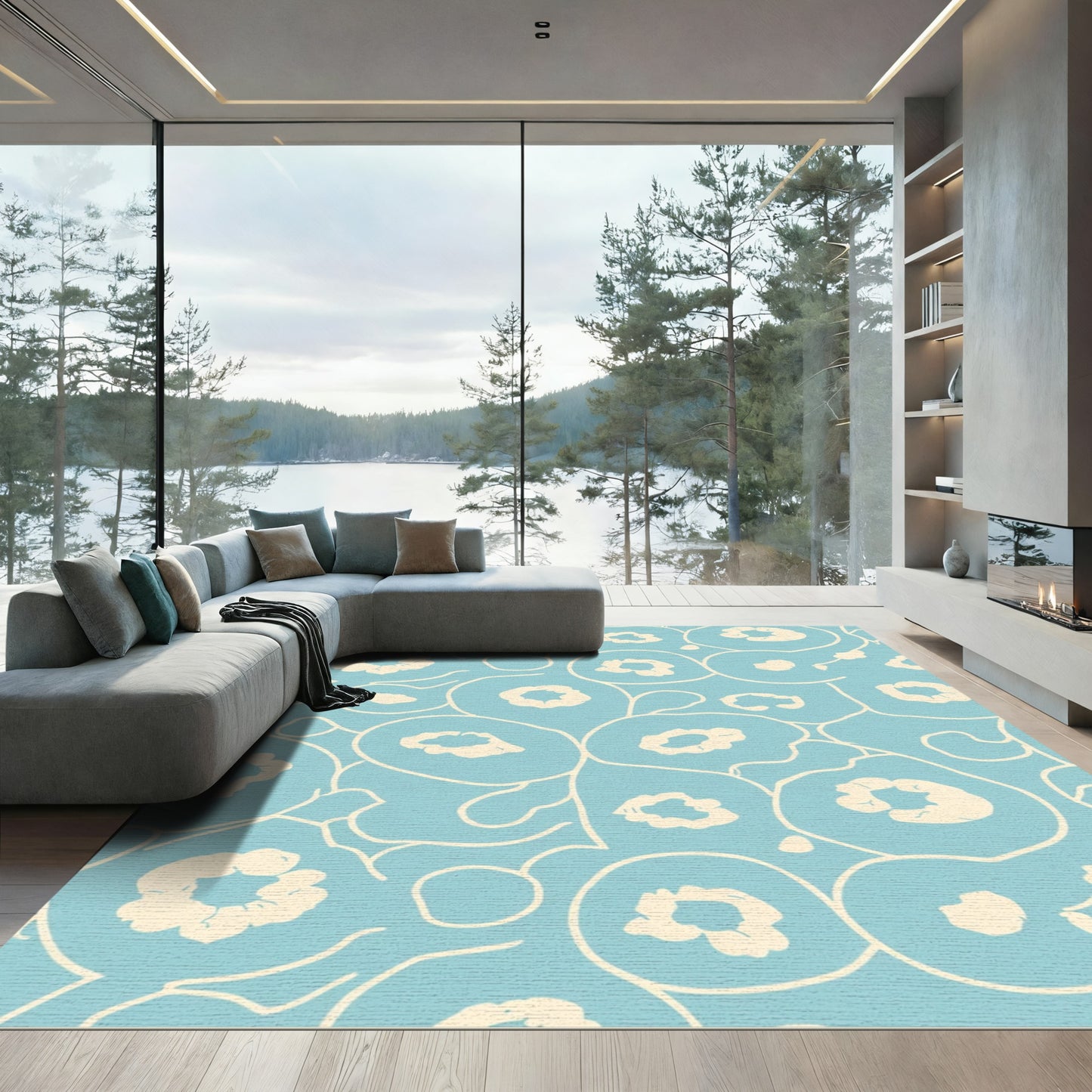 Pale Blue Cream Floral Vine Rug