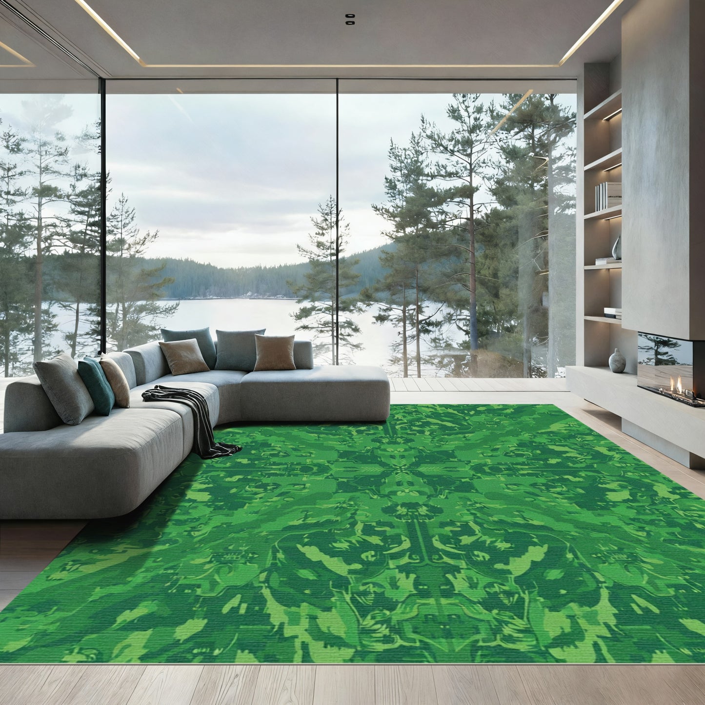 Emerald Green Symmetrical Abstract Landscape Rug