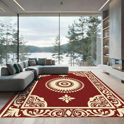 Crimson Sunburst Floral Scroll Border Rug