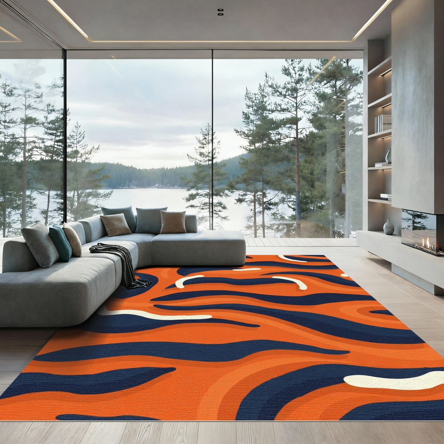 Bold Orange Navy Abstract Waves Rug