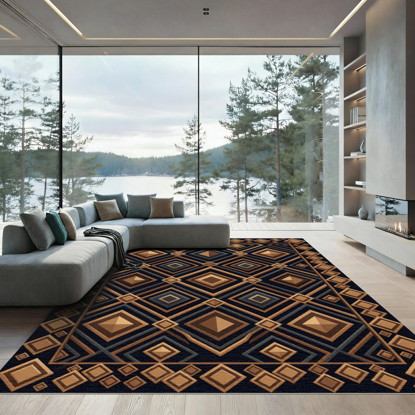 Geometric Gold Charcoal Diamond Mosaic Rug
