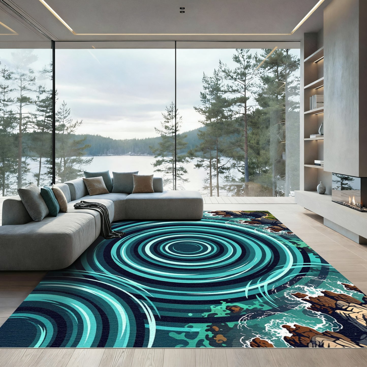 Turquoise Swirl Ocean Rocky Coast Rug