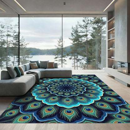 Peacock Feather Mandala Teal Blue Rug