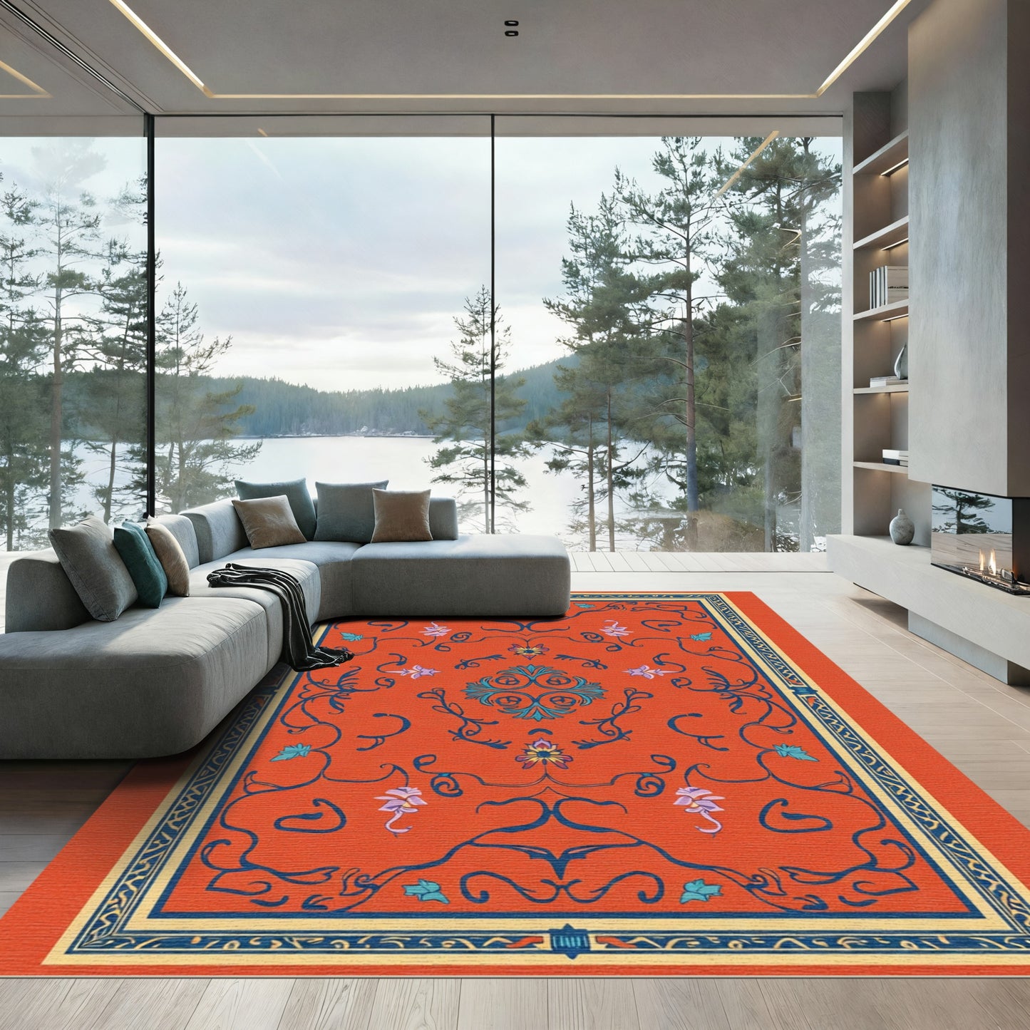 Orange Blue Floral Scroll Medallion Rug