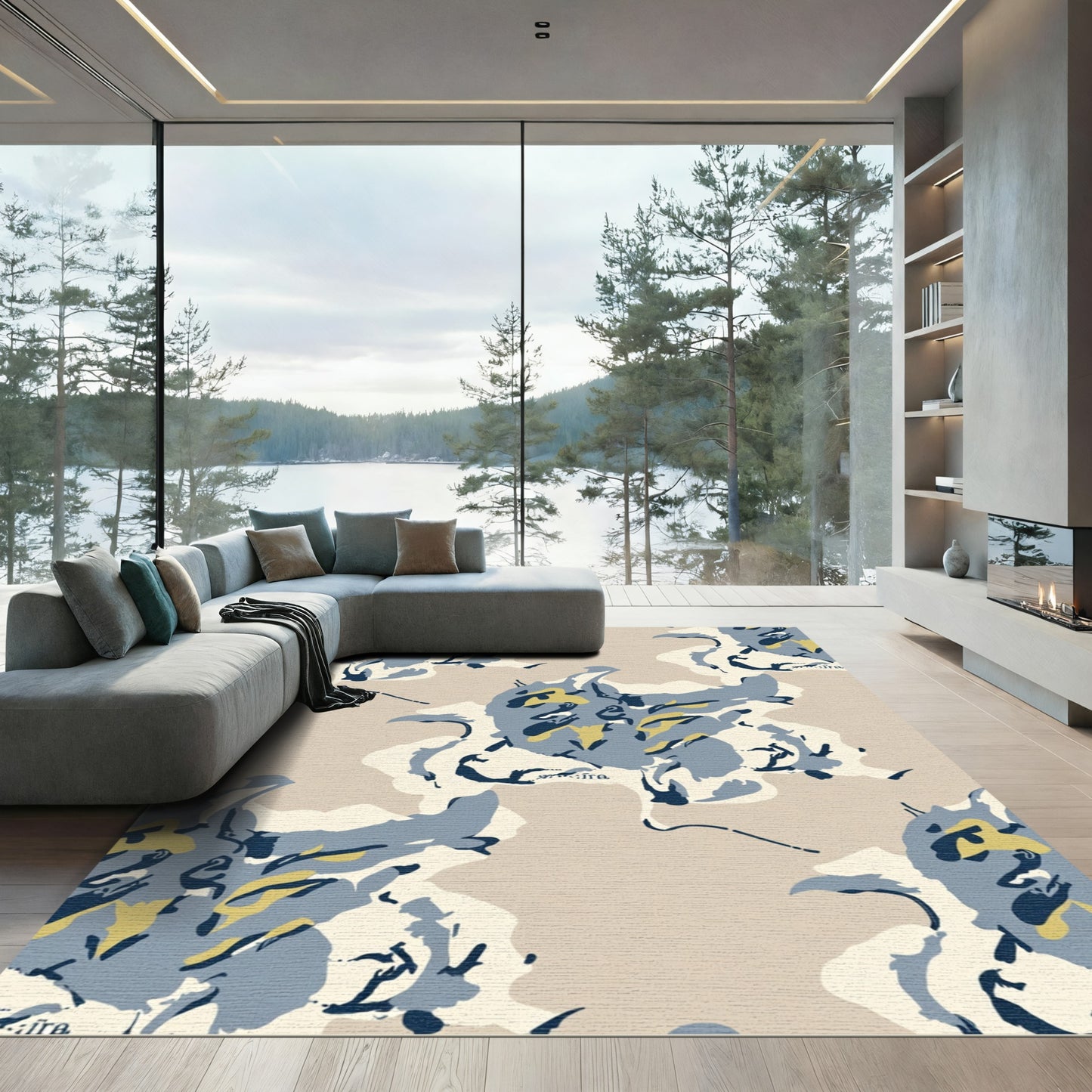 Abstract Azure and Ochre Organic Shapes Rug