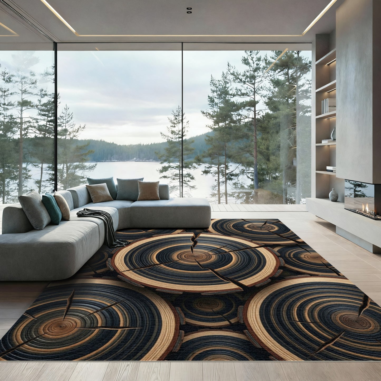 Natural Wood Slice Ringed Composition Rug