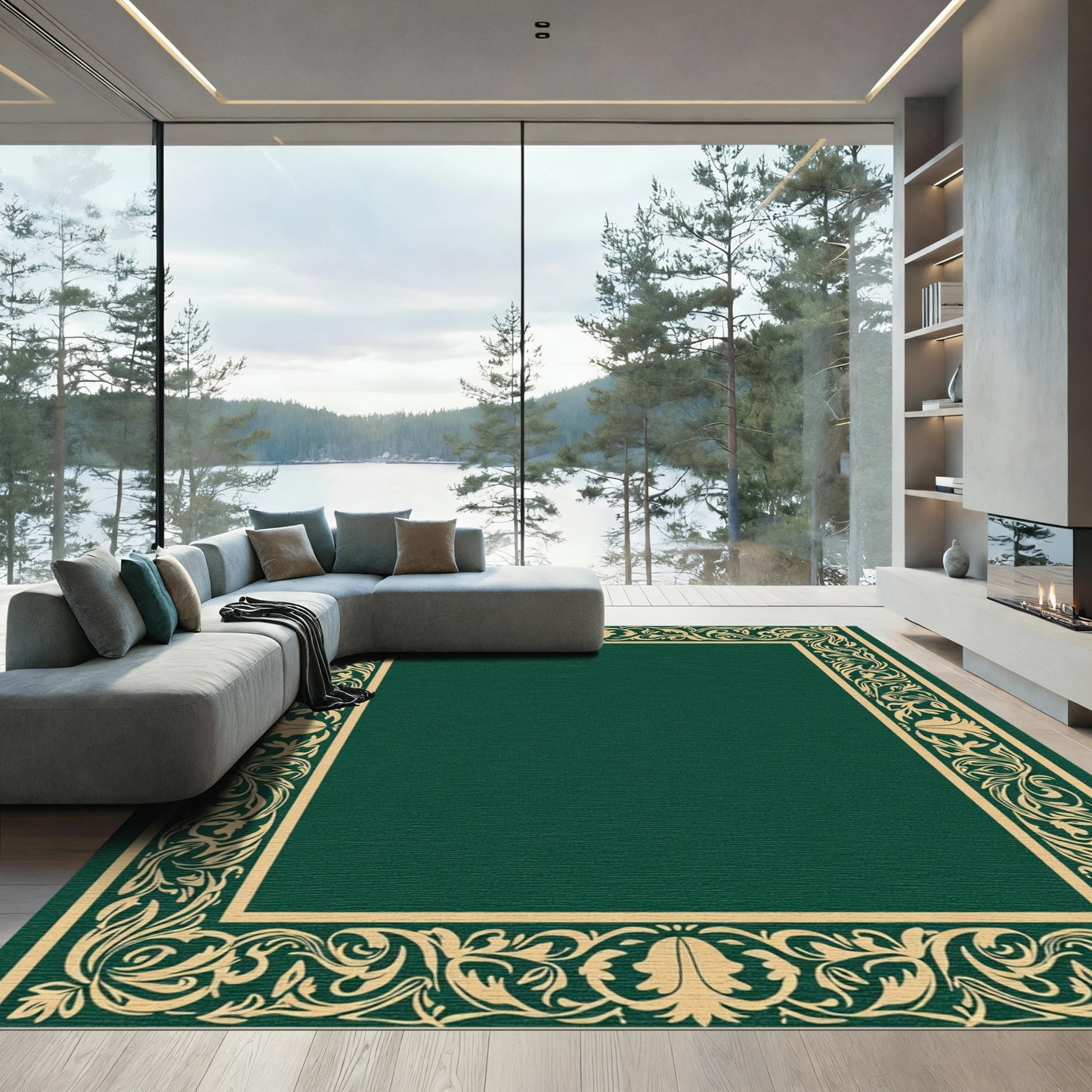 Golden Leaf Border Emerald Green Rug