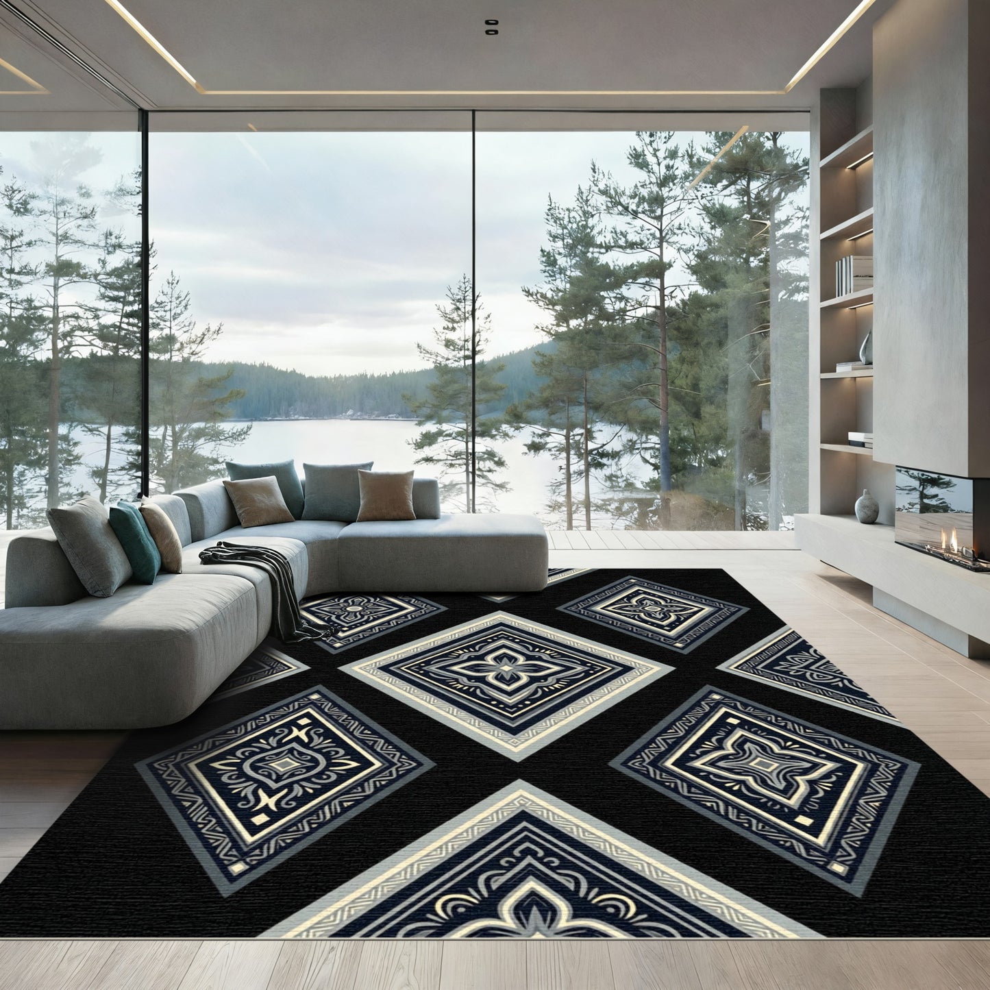 Classic Diamond Medallion Black Cream Grey Rug