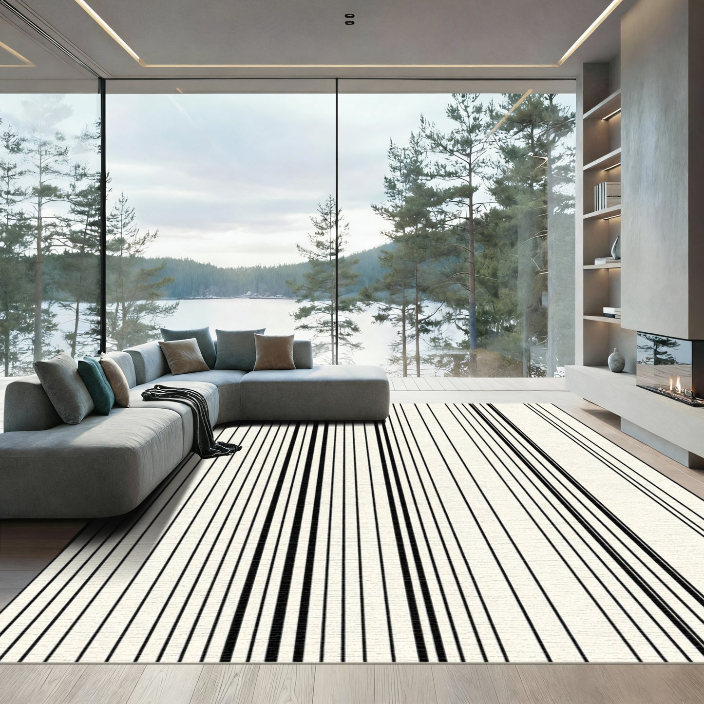 Bold Black Striped Cream Rug