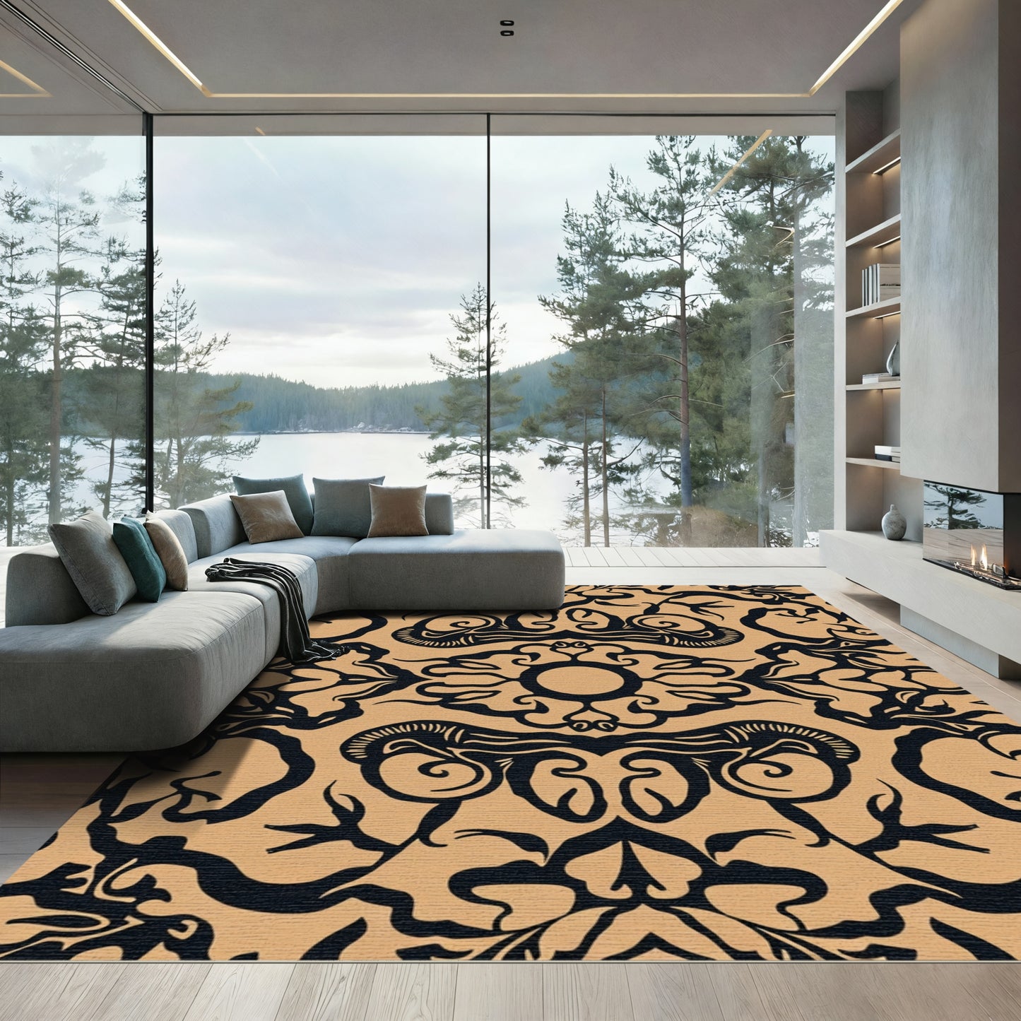 Ornate Black Gold Scroll Foliage Rug