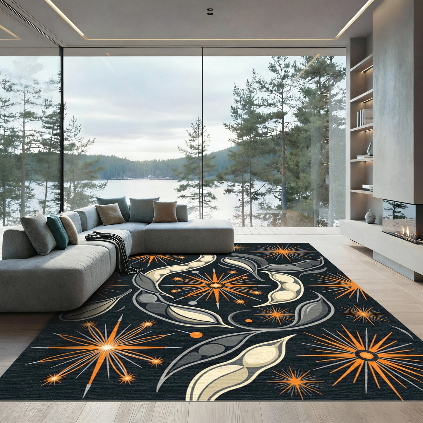 Midcentury Orange Starburst Pea Pod Rug