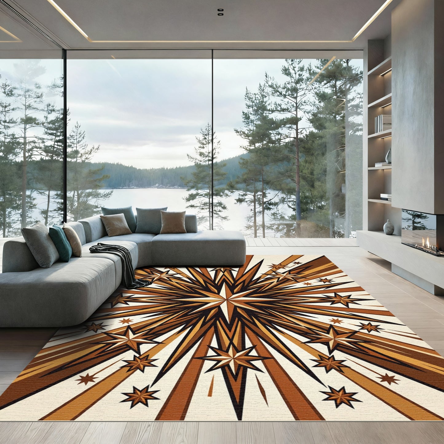 Golden Brown Starburst Ray Motif Rug