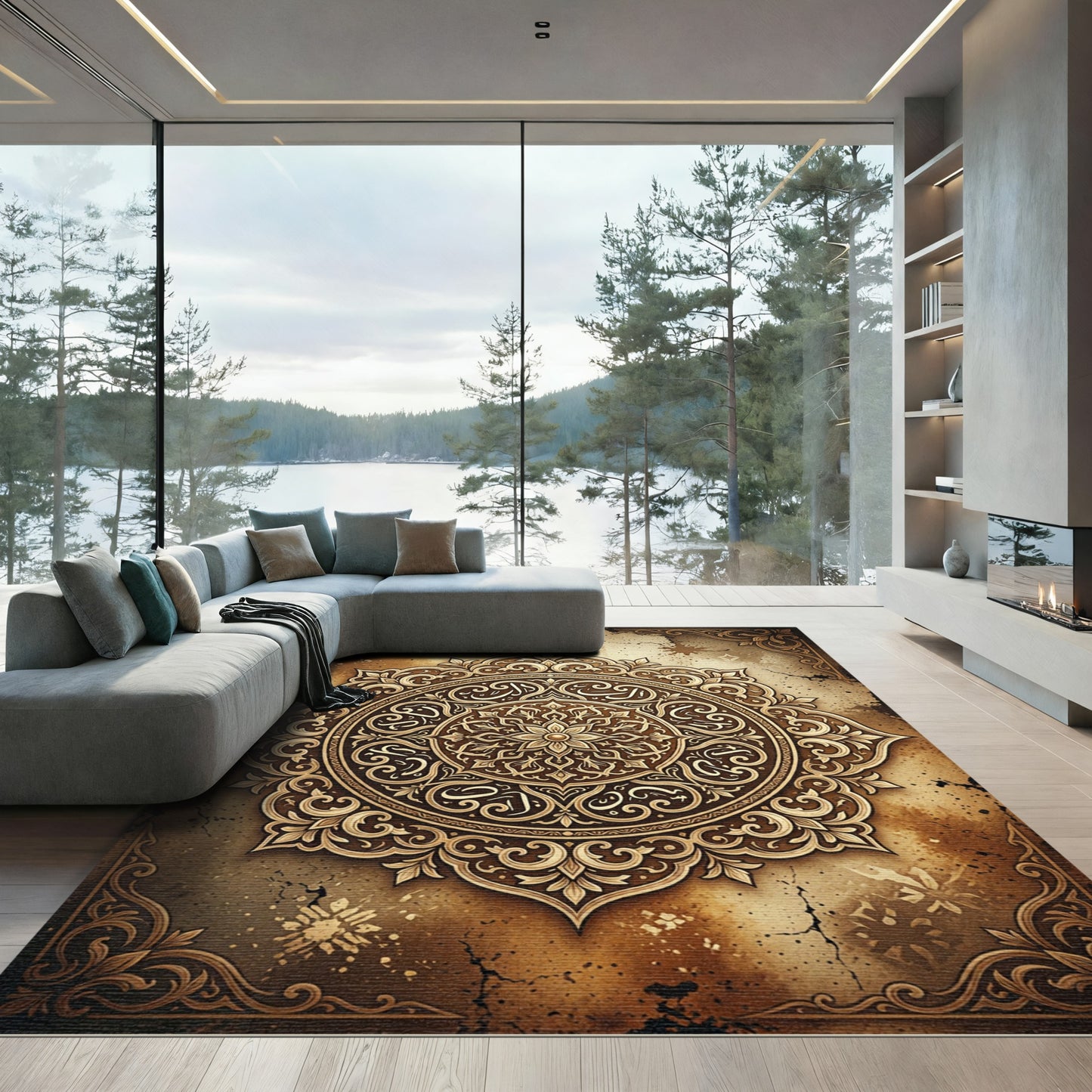 Ornate Antique Gold Filigree Mandala Rug