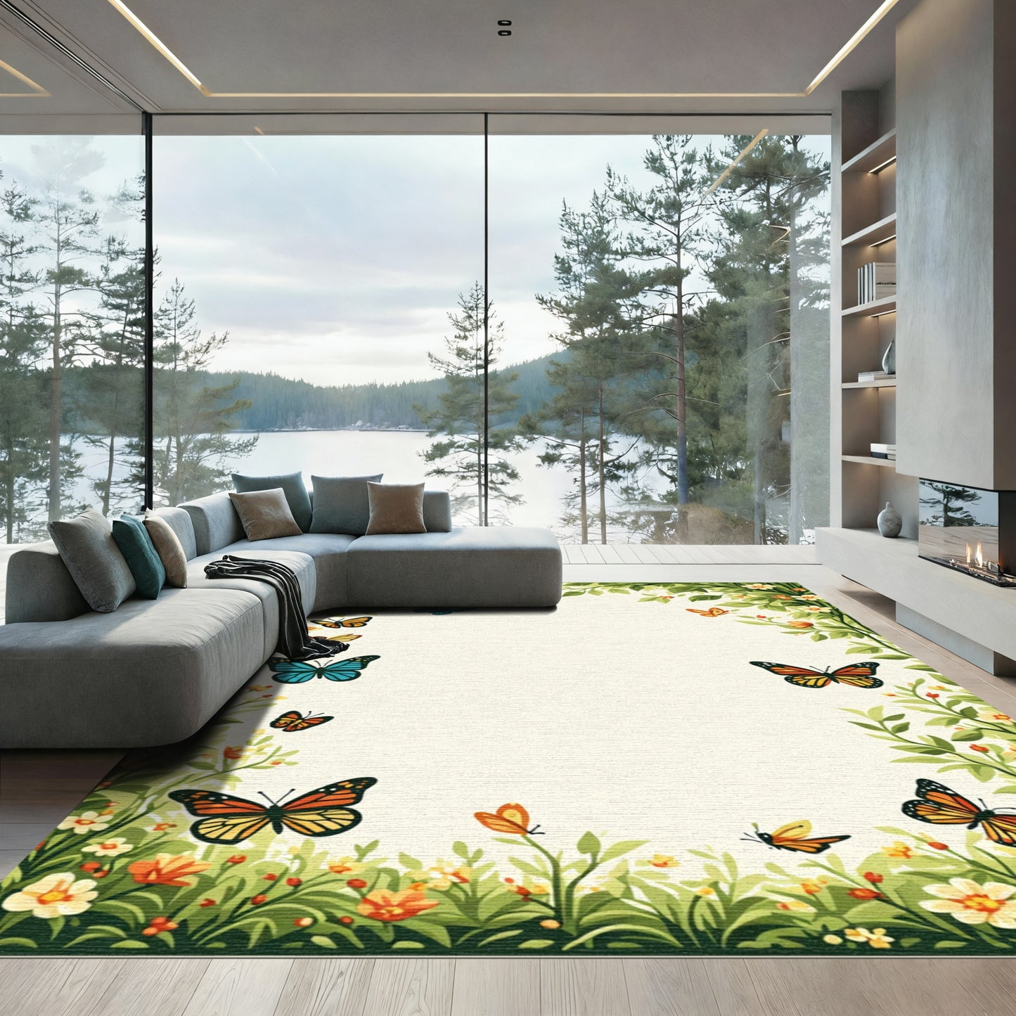 Lush Greenery Butterfly Garden Rug