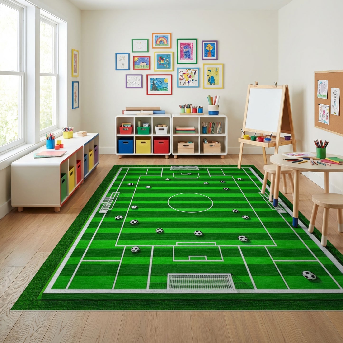 Striped Green Soccer Field Balls Rug