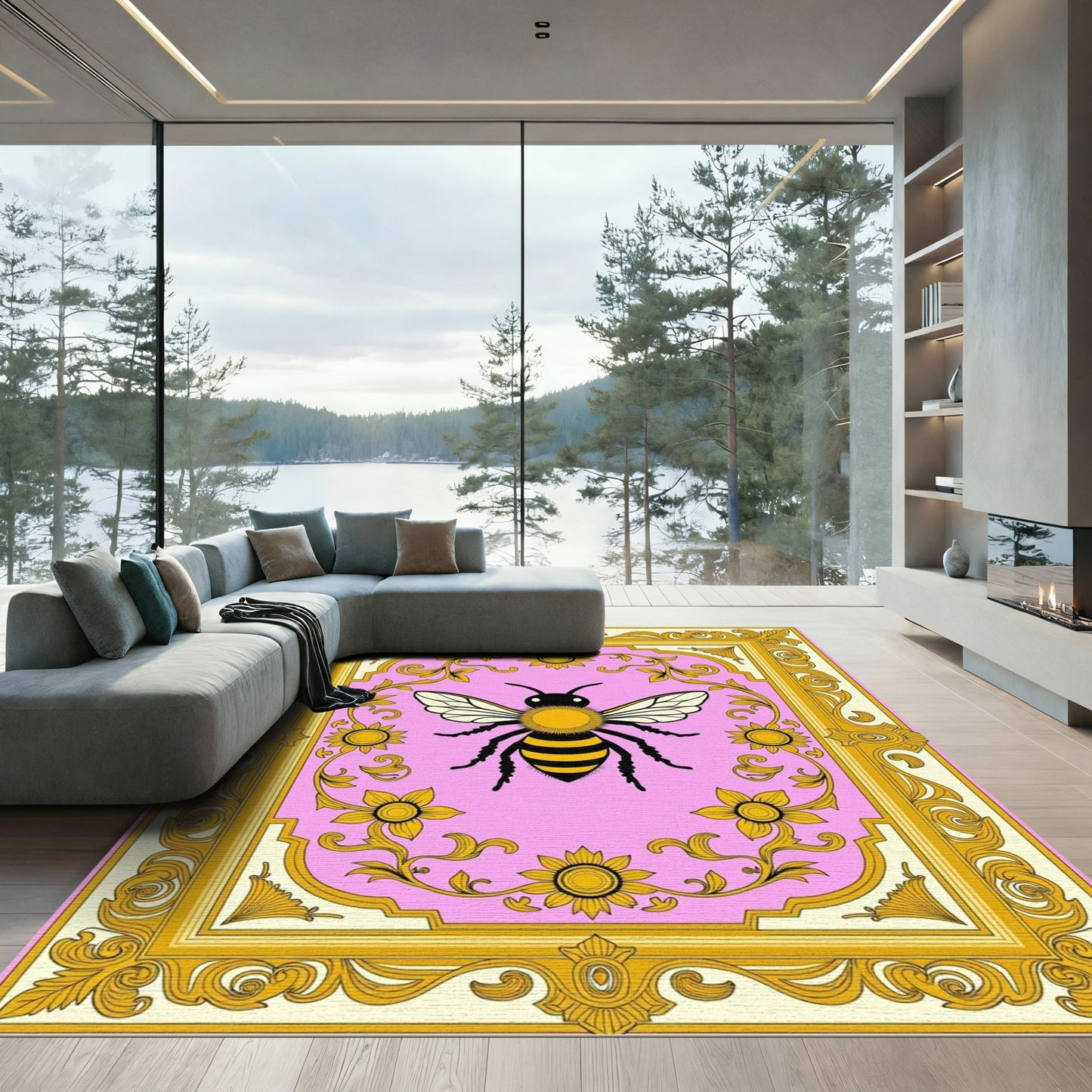 Pink Gold Baroque Bee Floral Rug