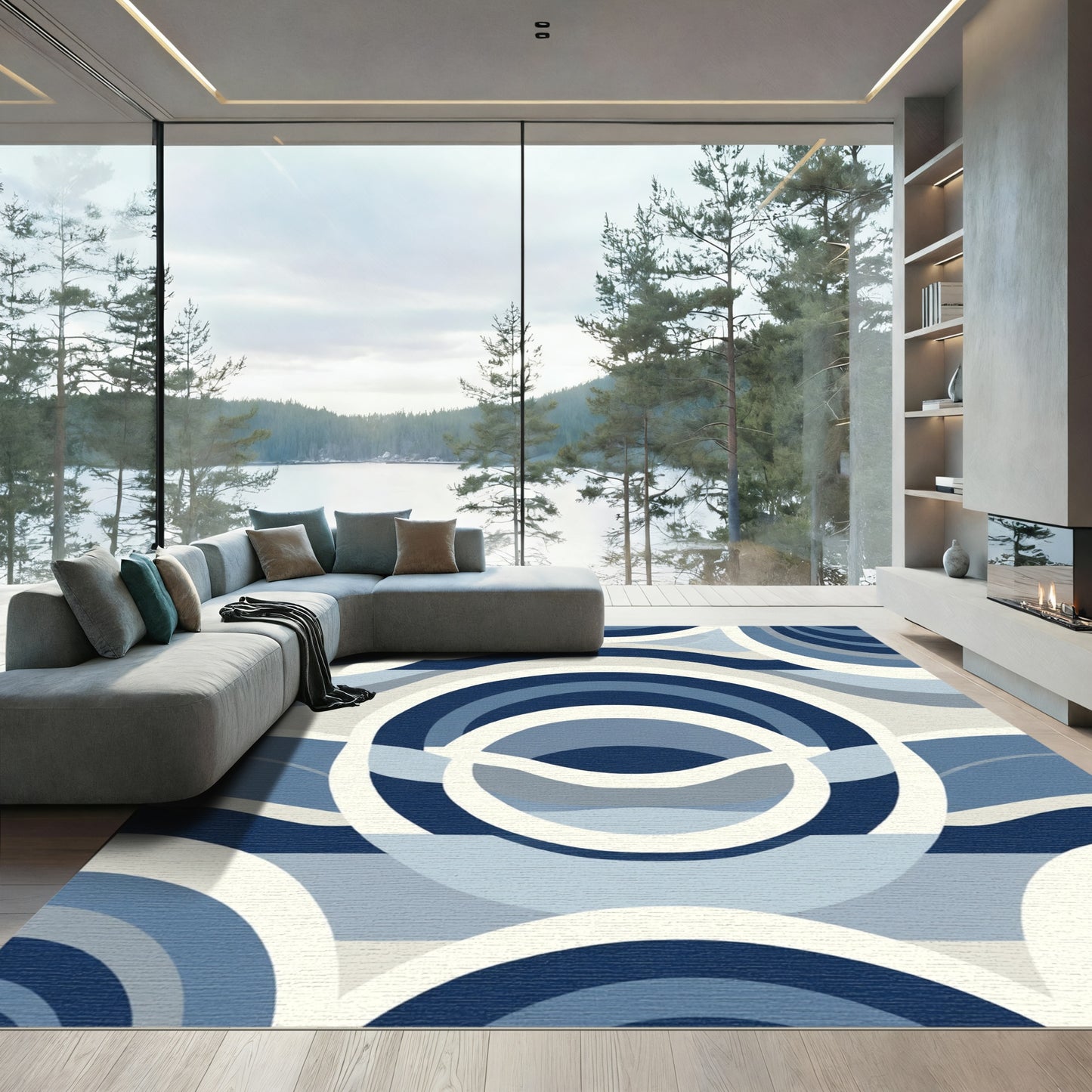 Navy Blue Abstract Arc Wave Rug