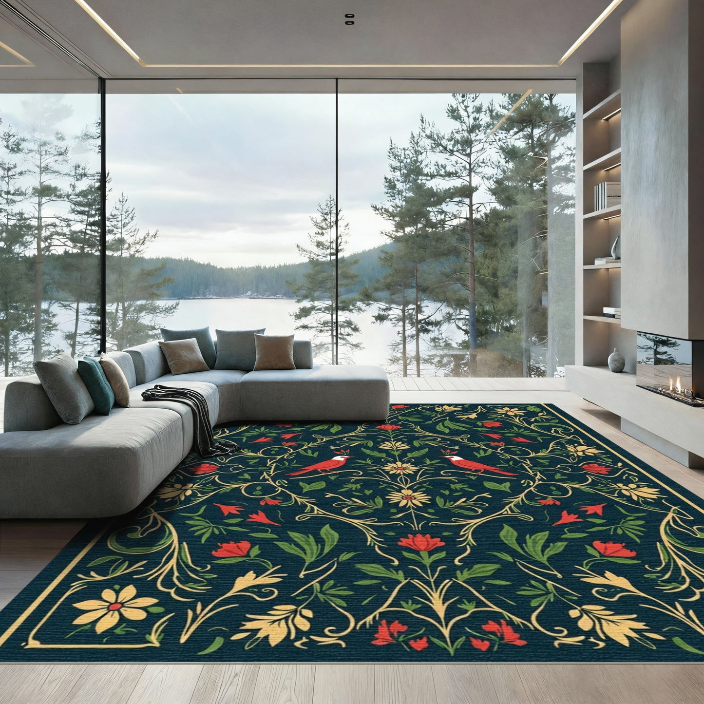 Deep Teal Red Bird Floral Vine Rug