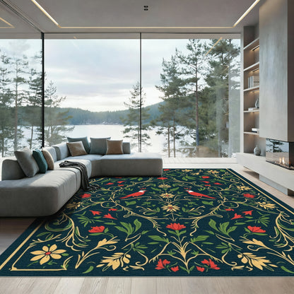 Deep Teal Red Bird Floral Vine Rug