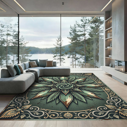 Vintage Sage Botanical Swirl Medallion Rug