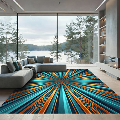 Vibrant Cyan and Gold Radiant Burst Rug