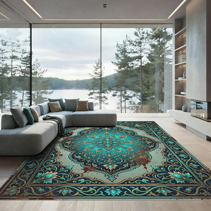 Ornate Teal Turquoise Floral Medallion Rug