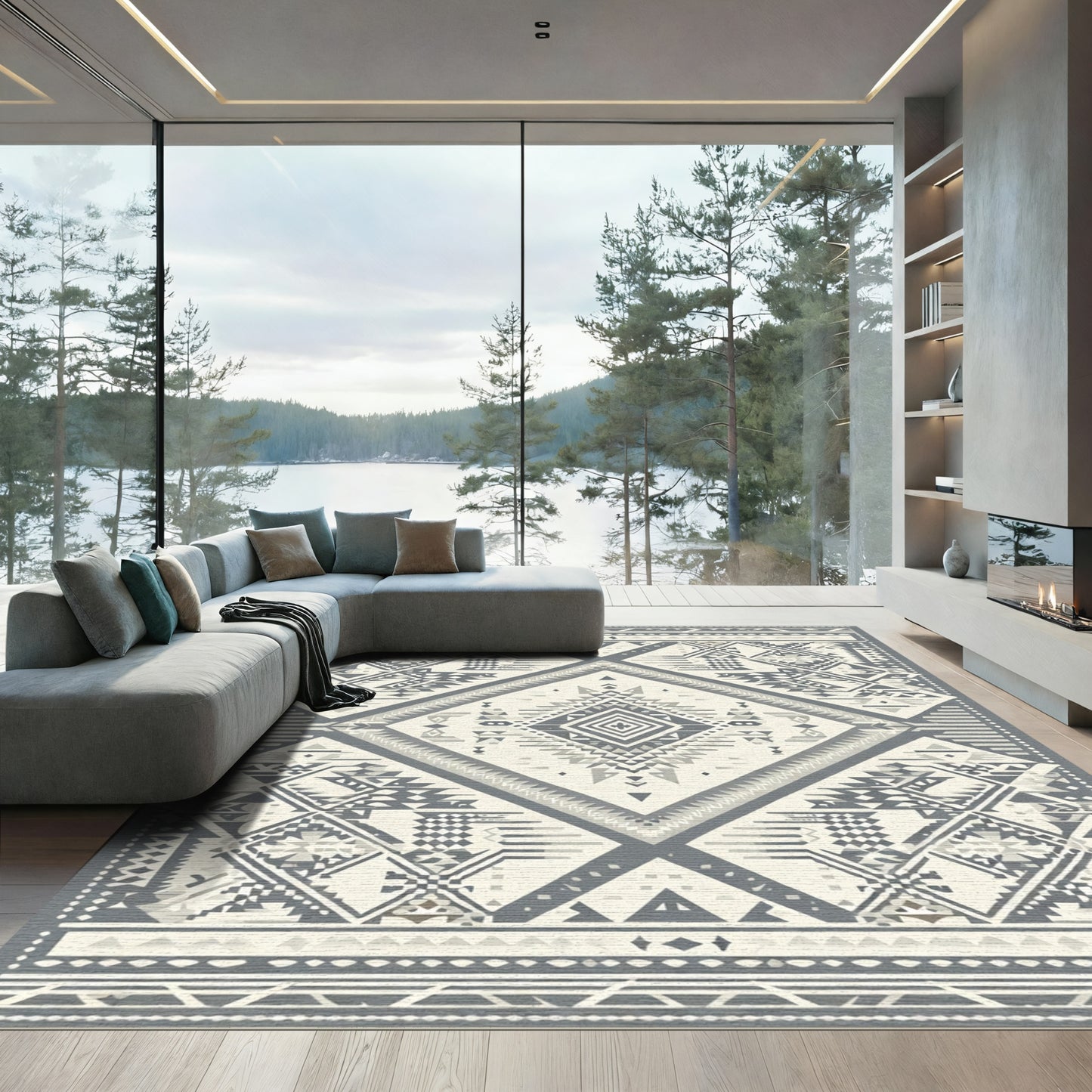 Geometric Gray Tribal Diamond Medallion Rug