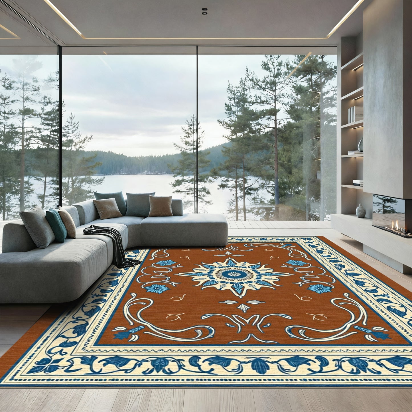 Brown Deep Blue Floral Medallion Border Rug